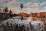 Autumn on Thorpe Park Lake, acrylic and collage on canvas, 97 x 67 cm