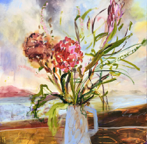Bouquet in a Blue Jug, mixed media on linen, 90 x 90 cm