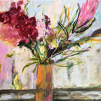 Bouquet in an Orange Pot, acrylic and oil bar on linen, 90 x 90 cm