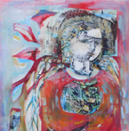 Angelic Portrait in Reds – Head, 37 x 37 cm, Monoprint & mixed media