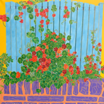 Blue Fence with Red Flowers, oil, 90 cx 90 cm