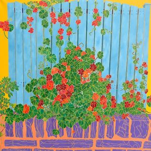 Blue Fence With Red Flowers, Oil, 90 Cx 90 Cm