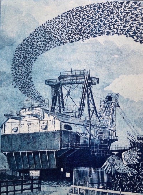 The Owl,the Starlings And The Walking Dragline, Etching, 30x40