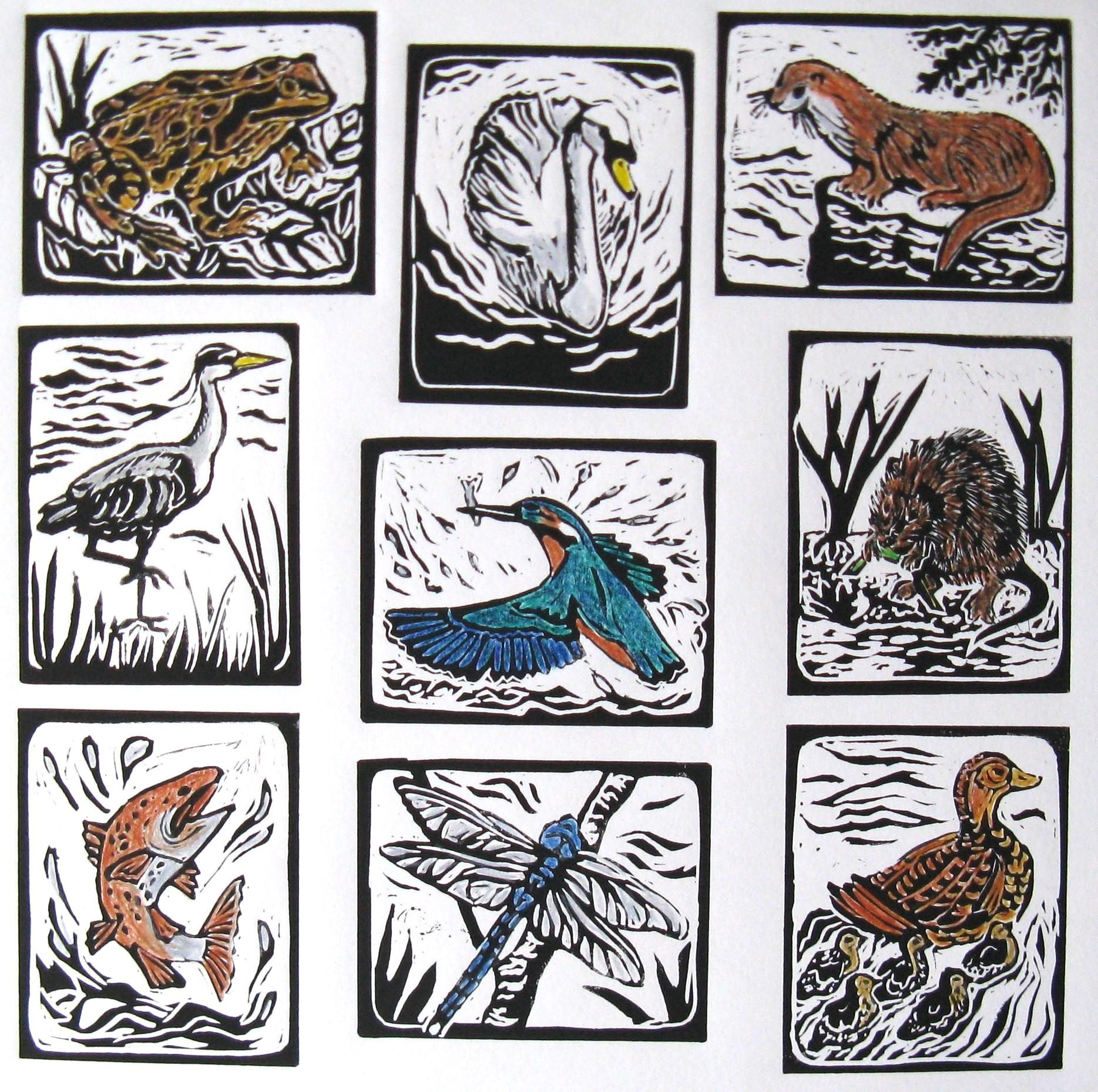 River Wildlife Linoprints